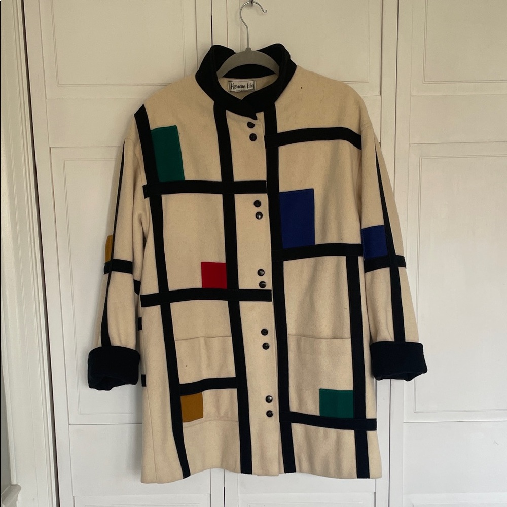 Abstract Grid Cream Trench Coat with Multicolor Blocks